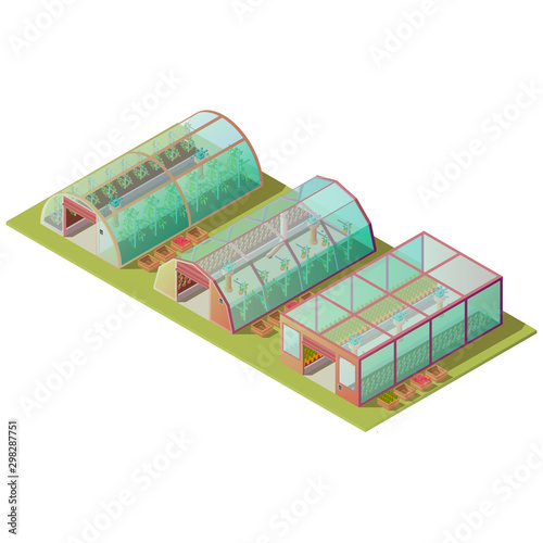 Isometric greenhouses set, farm hothouse buildings of different shapes for growing plants with glass windows and automatic lifting door isolated on white background. 3d vector illustration, clip art
