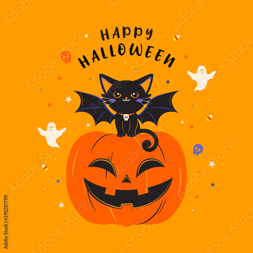 Happy Halloween greeting card vector illustration. Devil black cat sitting on pumpkin