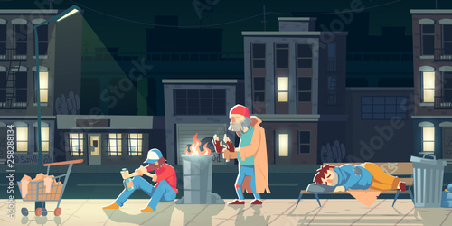 Homeless people in ghetto. Beggars and bums in ragged clothing sleeping on street, warming near barrel with fire, drinking alcohol, collecting garbage. Poor need help. cartoon flat vector illustration