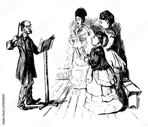 Female Choir with Male Director, vintage illustration.