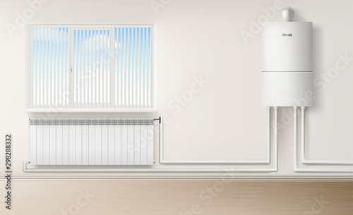 Boiler water heater on wall connected with radiator in room with plastic tubes and jalousie window. Home appliances for comfort Modern central heating system equipment Realistic 3d vector illustration