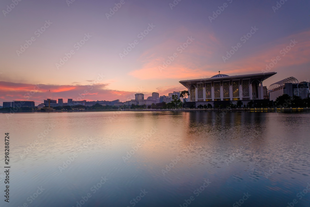 Beautiful  sunrise  view over Sultan Mizan Zainal Abidin mosque also known as masjid besi, located in Putrajaya, Malaysia.