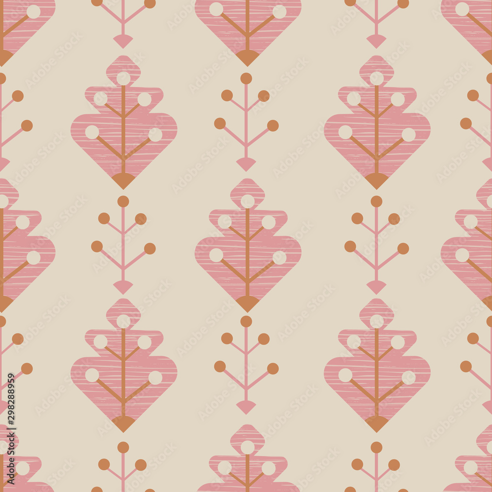 Cute floral seamless vector pattern in pinky autumn colors in Scandinavian style for fabric, wallpaper, scrapbooking projects, or backgrounds.