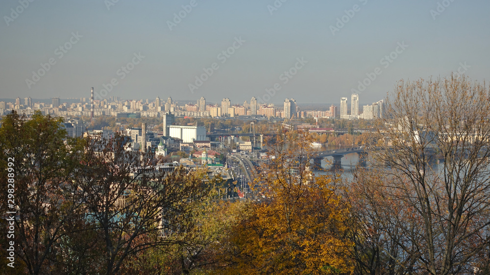 Panorama of the autumn Podol in Kiev on a sunny day from above