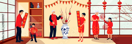 Happy Chinese family prepares for Lunar New Year and decorates house with lanterns and flags. Vector illustration