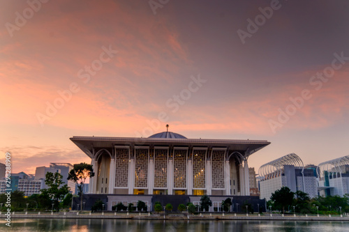 Beautiful  sunrise  view over Sultan Mizan Zainal Abidin mosque also known as masjid besi  located in Putrajaya  Malaysia.