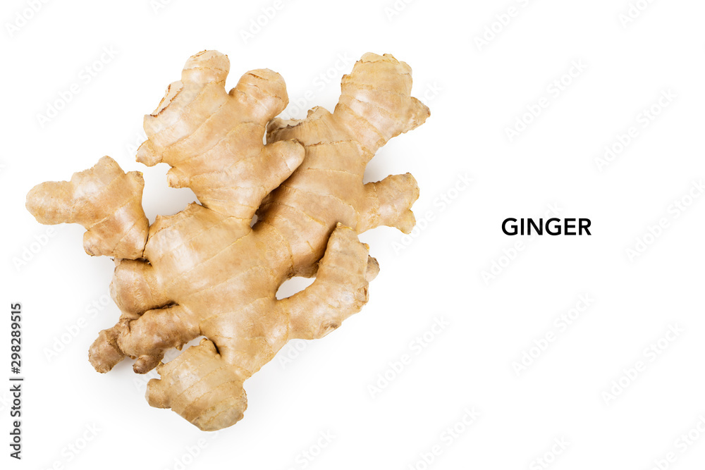 Ginger isolated on white background with copy space. Flat lay, top view Ginger isolated on white background with copy space. Flat lay, top view