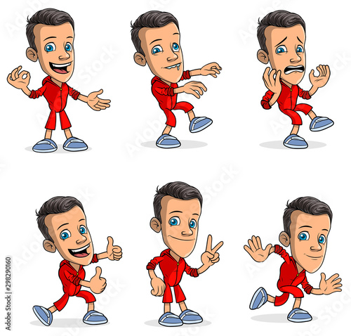 Cartoon funny smiling boy character in different positions. Layered EPS ready for animations. Standing, falling, thumbs up, running, peace gesture sign. Isolated on white background. Vector icon set.