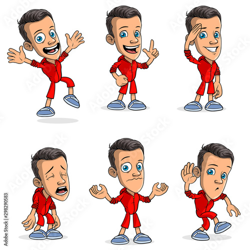 Cartoon funny smiling boy character in different positions. Layered EPS ready for animations. Standing, walking, happy, army hello gesture sign. Isolated on white background. Vector icon set.