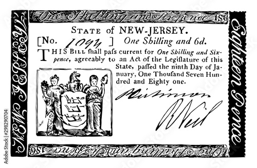 Paper Money, One Shilling and Six Pence Bill, 1781 vintage illustration.