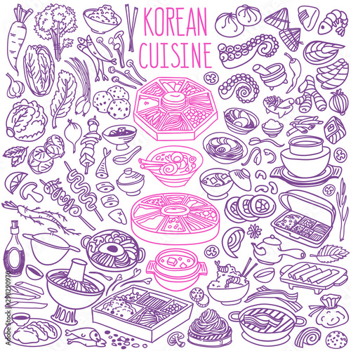 Korean food doodle set isolated on white background. Asian cuisine - main dishes, desserts, beverages. Vector illustrations for cafe menu, chalkboards