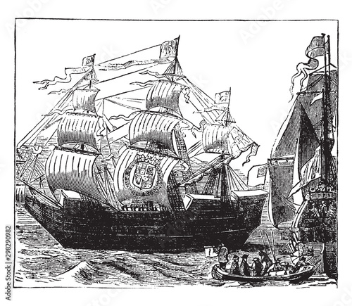 War Ships on the time of Charles II, vintage illustration.