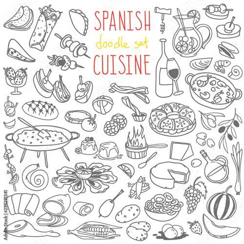 Set of doodles, hand drawn rough simple Spanish cuisine food sketches. Different kinds of main dishes, desserts, beverages. Vector set isolated on white background for cafe menu, fliers, chalkboard