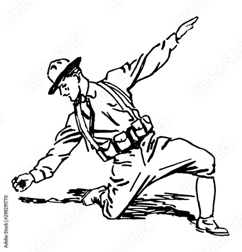 Soldier Prone Throwing Grenade, vintage illustration.