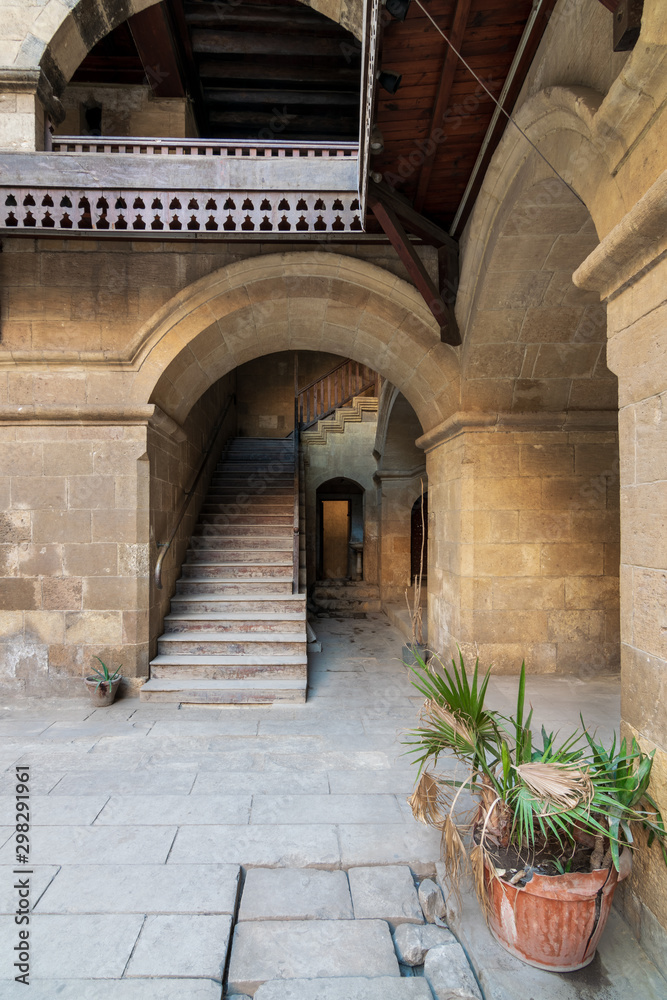 Exterior daylight shot of staircase going up leading to Wikalet Bazaraa historic public Caravansary building, suited in Gamalia district, Medieval Cairo, Egypt