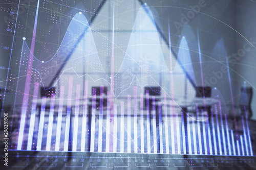 Double exposure of forex chart on conference room background. Concept of stock market analysis © Andrey