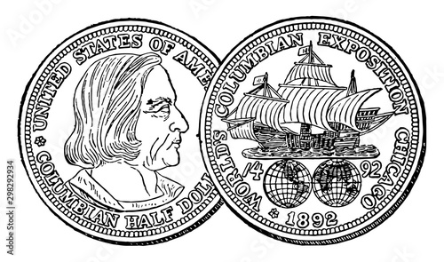 Silver Columbian Half Dollar, 1892 vintage illustration.
