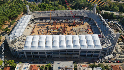 Aerial drone photo of under construction stadium of AEK near famous Park of Filadelfia, Athens, Attica, Greece