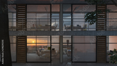 Offices with Sunset View Inside a Multi Story Building 3D Rendering