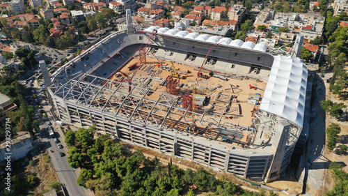 Aerial drone photo of under construction stadium of AEK near famous Park of Filadelfia, Athens, Attica, Greece