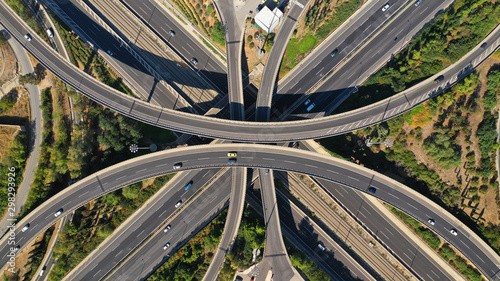Konstfotografi Aerial drone top down photo of urban multilevel highway junction with light traf
