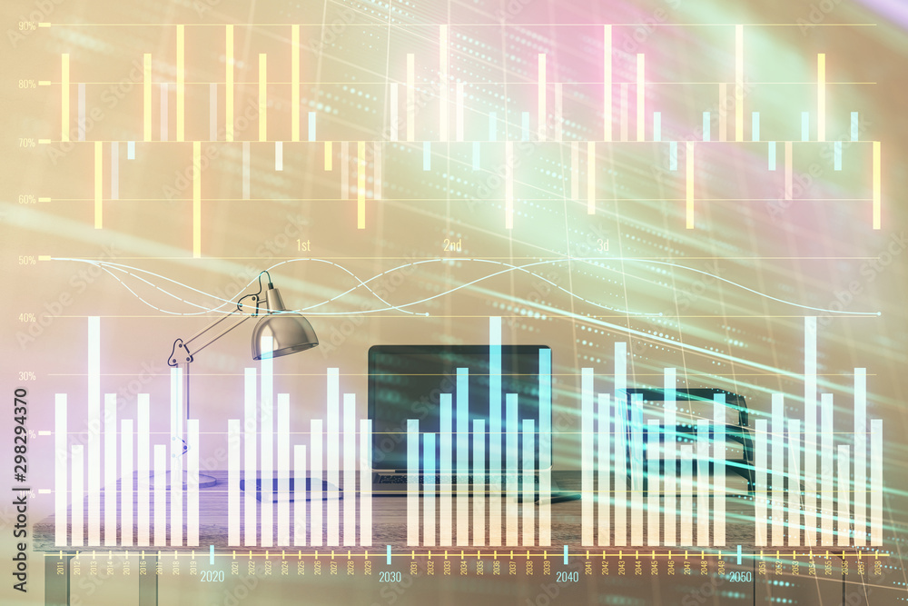 Stock market chart and desktop office computer background. Multi exposure. Concept of financial analysis. Stock market chart and desktop office computer background. Multi exposure. Concept of financial analysis.
