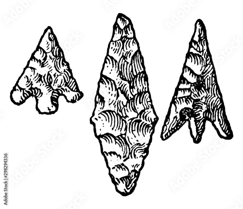 Neolithic Implements Flint Arrowheads vintage illustration.