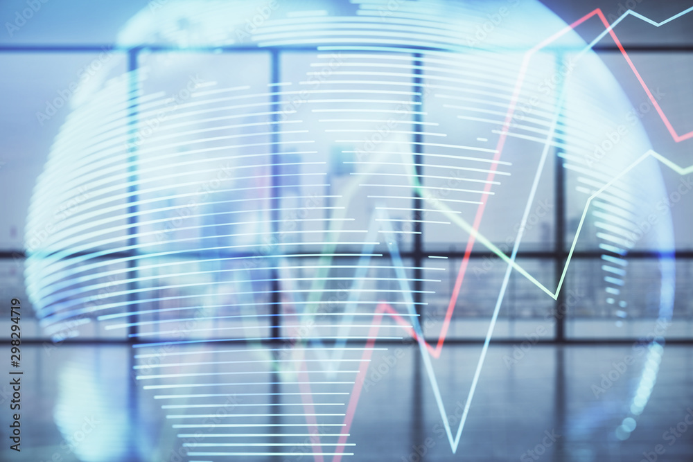Double exposure of financial chart with world map on empty room interior background. International market concept. Double exposure of financial chart with world map on empty room interior background. International market concept.