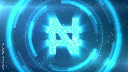 Blue Nigerian naira currency symbol centered on a starscape background with HUD elements. Seamlessly loopable animation. photo