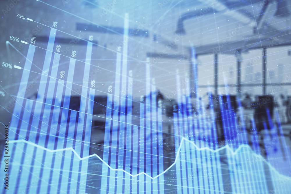 Stock and bond market graph with trading desk bank office interior on background. Multi exposure. Concept of financial analysis Stock and bond market graph with trading desk bank office interior on background. Multi exposure. Concept of financial analysis