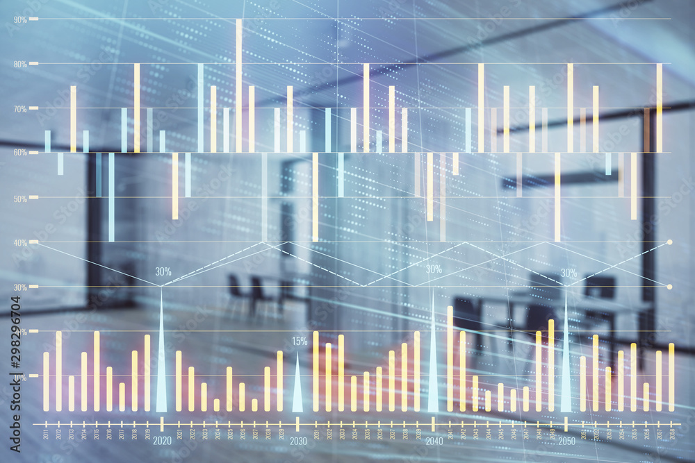 Stock and bond market graph with trading desk bank office interior on background. Multi exposure. Concept of financial analysis Stock and bond market graph with trading desk bank office interior on background. Multi exposure. Concept of financial analysis
