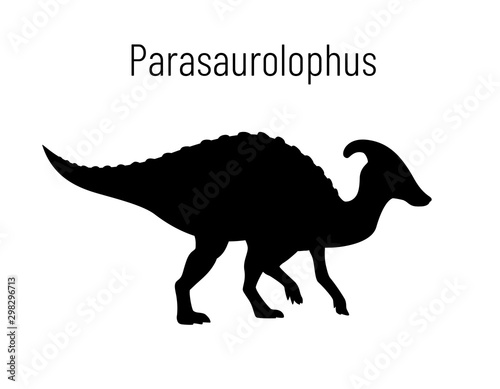 Parasaurilophus. Ornithischian dinosaur. Monochrome vector illustration of silhouette of prehistoric creature parasaurolophus isolated on white background. Stencil. Huge fossil dinosaur.