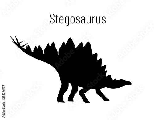 Stegosaurus. Ornithischian dinosaur. Monochrome vector illustration of silhouette of prehistoric creature stegosaurus isolated on white background. Stencil. Huge fossil dinosaur.