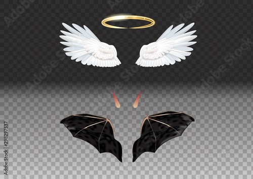 Set of angel and devil realistic wings, horns and halo isolated on transparent background