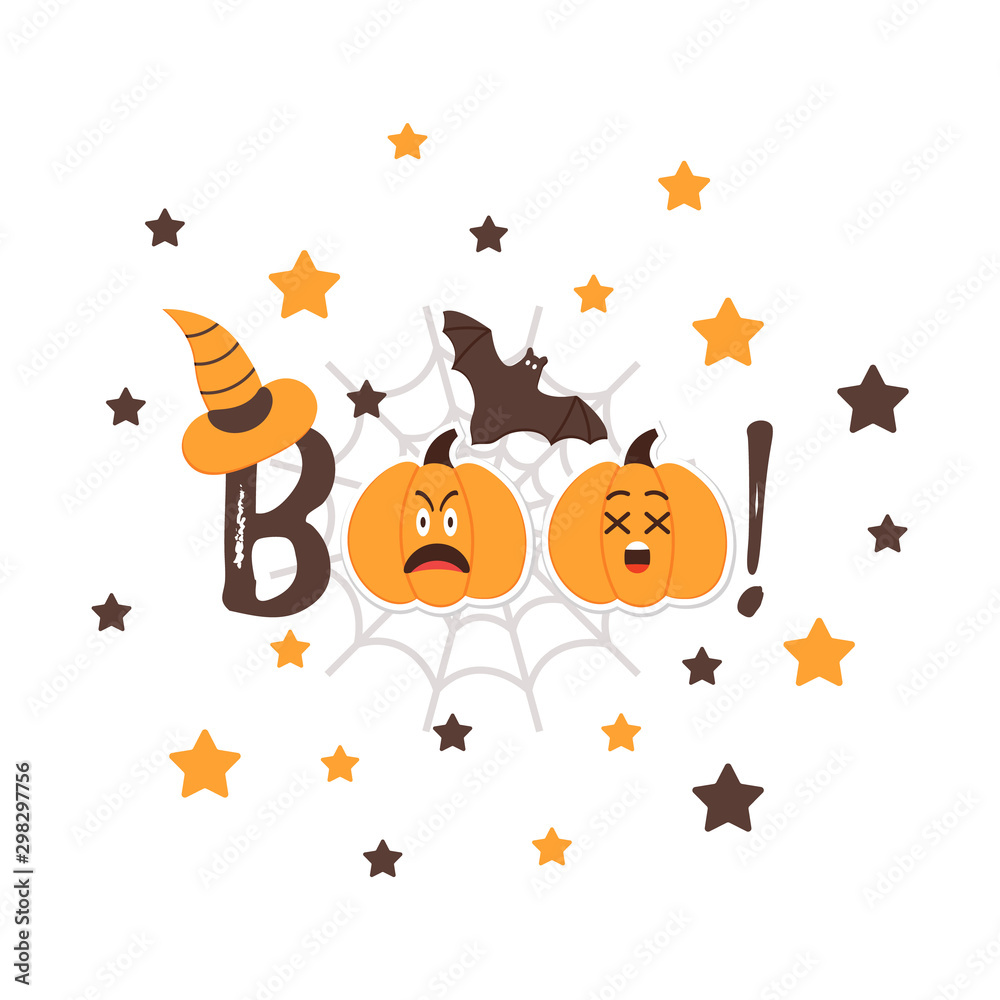 Halloween BOO message with Pumpkins angry Emoji, Bat and Witch Hat. Friendly Emoji Faces in the night sky with stars. Orange Squash Smiles for messenger. Greeting card, postcard. Vector