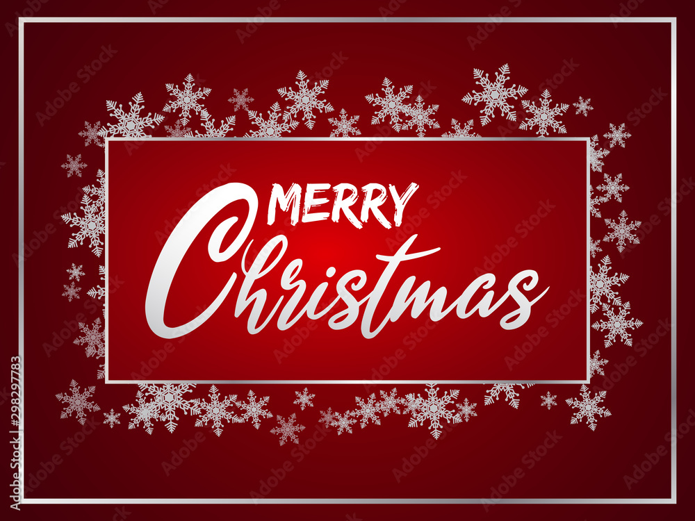 Merry Christmas and Happy New Year Card design. Silver snowflakes around red text box with Merry Christmas and Happy New Year Card design. Silver snowflakes around red text box with