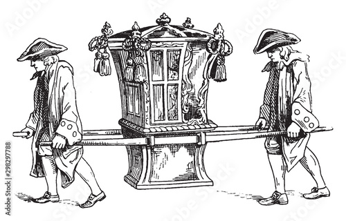 Sedan chair in 1755, vintage illustration.