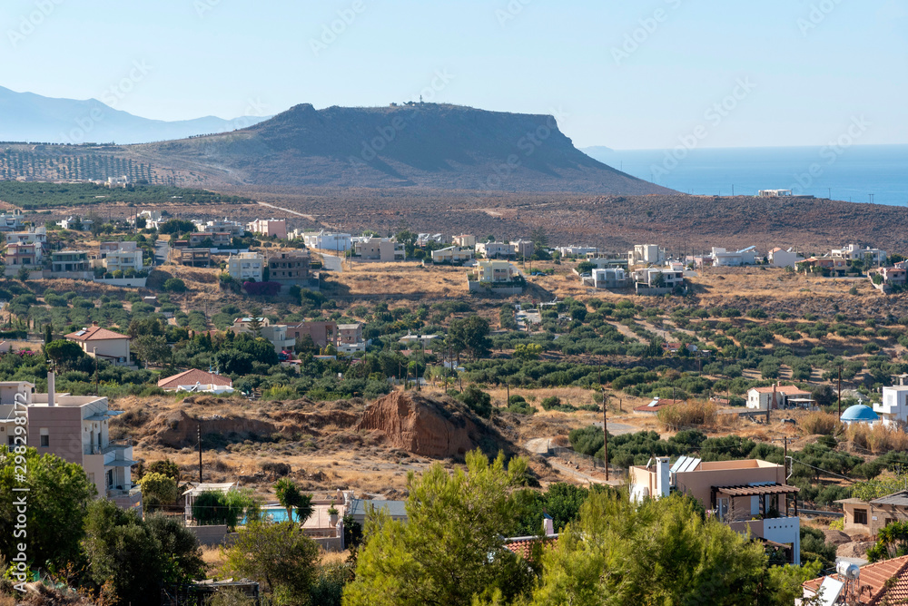 Gouves, Heraklion, Crete, Greece. October 2019. Overview of a residential and farming area, mainly olive groves at Gouves, Crete