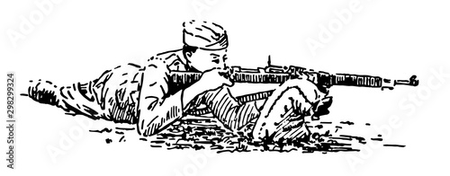 Firing from the Prone Position, vintage illustration.
