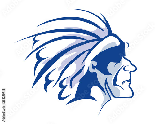 Retro indian tribe head logo in blue and grey color. Amazonian tribes.