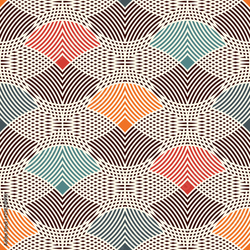 Repeated hatched overlapping circles seamless pattern. Openwork surface texture. Round links motif. Delicate background