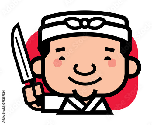 Cartoon cute Japanese chef with happy smiling holding a knife - vector mascot character illustration