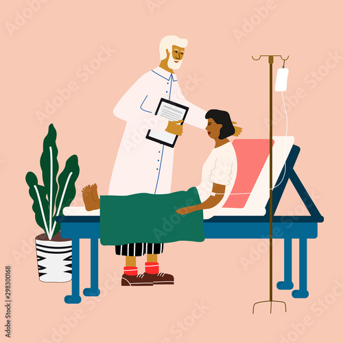 Doctor and patient medical concept. Doctor visiting, consulting and examining a woman. Trendy colorful vector illustration in flat cartoon style.