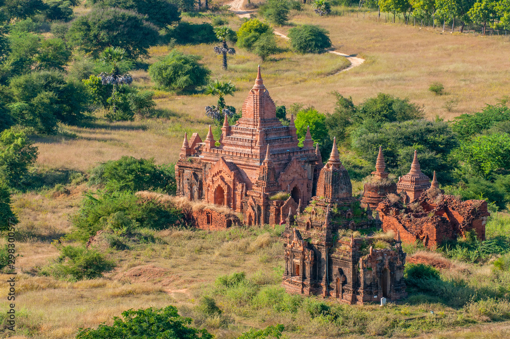 Aerial view of pagodas on the Bagan plain at dawn, Myanmar.