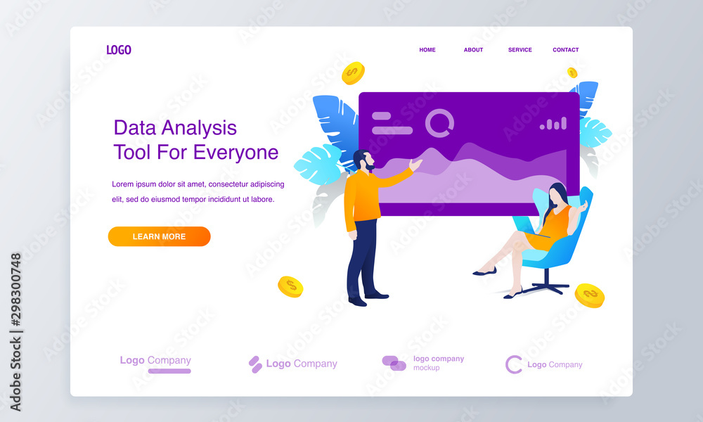 Website or landing page with Business men stand in front of the data screen and business women sit in chairs holding laptop, data analysis concept illustration Website or landing page with Business men stand in front of the data screen and business women sit in chairs holding laptop, data analysis concept illustration