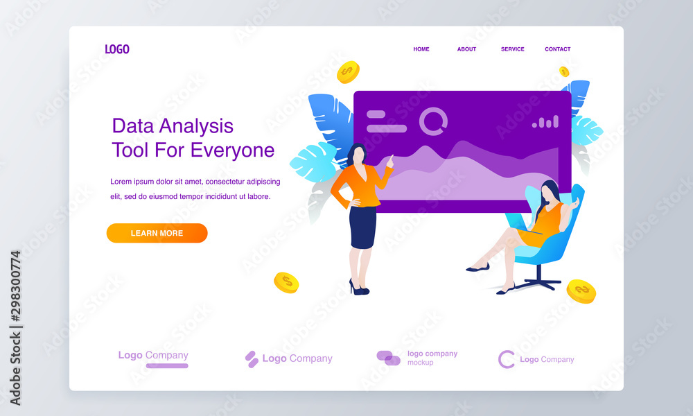 Website or landing page with Business women stand in front of the data screen and another business women sit in chairs holding laptop, data analysis concept illustration Website or landing page with Business women stand in front of the data screen and another business women sit in chairs holding laptop, data analysis concept illustration