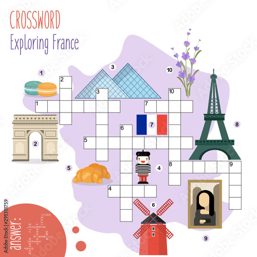 Easy crossword puzzle 'Exploring France', for children in elementary and middle school. Fun way to practice language comprehension and expand vocabulary. Includes answers. Vector illustration.