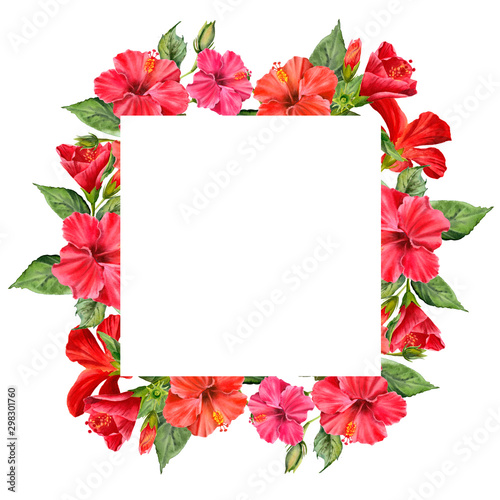 Watercolor frame with realistic colorful hibiscus and green leaves. Trendy tropical flowers isolated on white background. Illustration for design wedding invitations, greeting cards, 