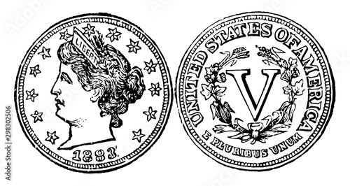 Copper-Nickel Five Cent Coin, 1883 vintage illustration.