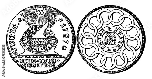 Silver Fugio Coin, 1787 vintage illustration.
